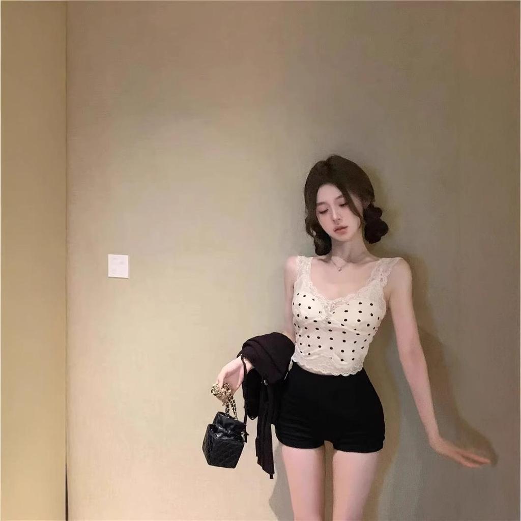Women's French Polka Dot Lace Camisole - Summer Slim-Fit Sleeveless Top