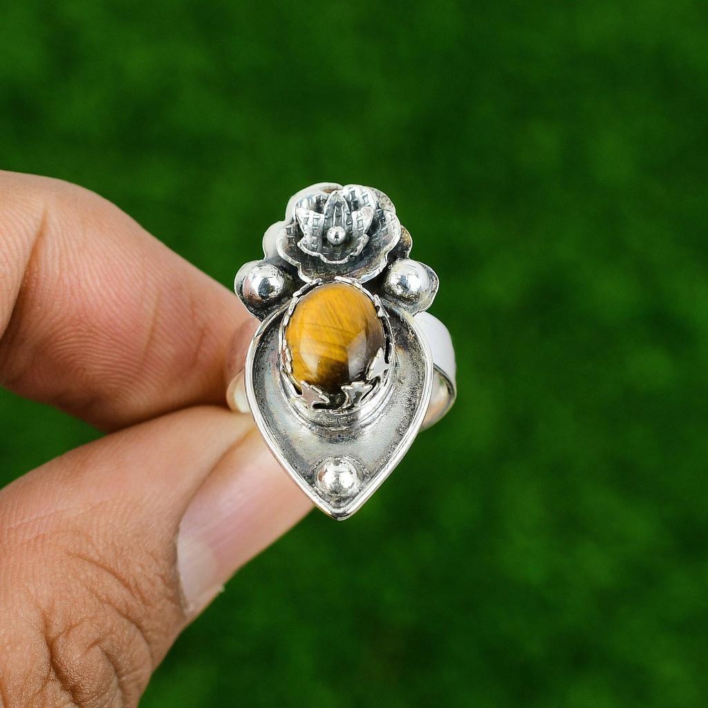 Natural Tiger'S Eye Multi Stone Flower Yellow Adjustable Ring 925 Silver