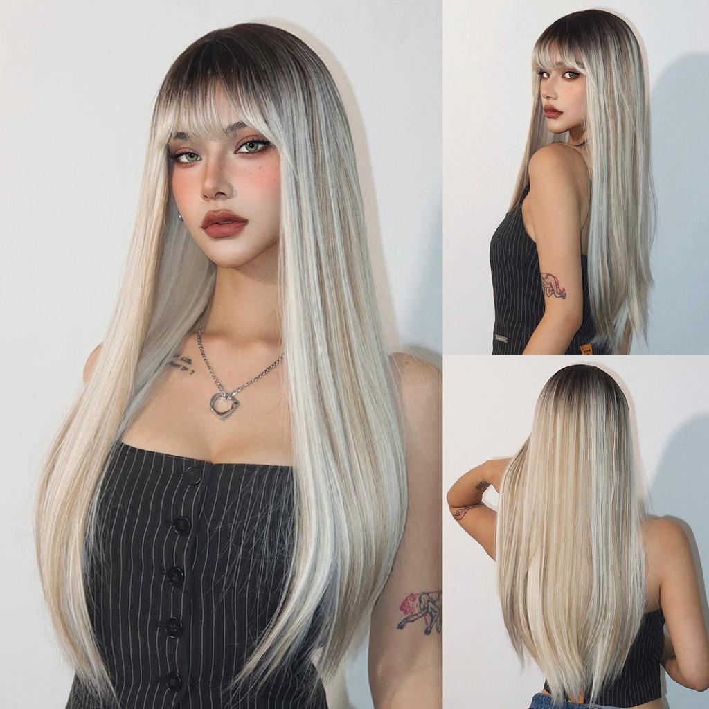 Synthetic Layered Wig Long Rose Gold Straight Wigs with Bangs Blonde Cosplay Party Natural Hair Wigs for Women Heat Resistant