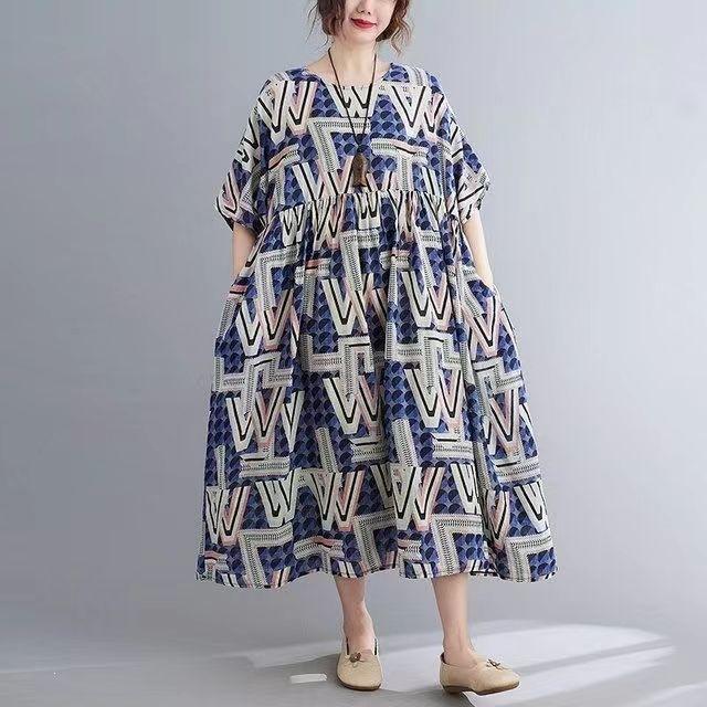 Summer New Literary Age Reduction Large Size Loose and Thin Printed Short-sleeved Long Dress with Pockets Over the Knee Skirt
