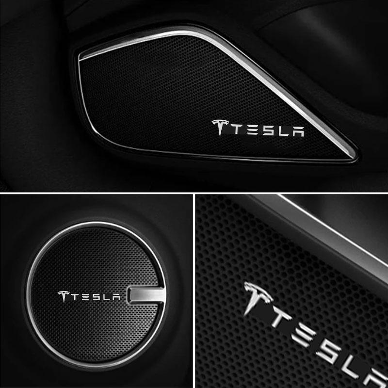 2/5/10pcs Aluminum Car Audio Speaker Stickers Logo Decal For Tesla Model 3 Y S X Cybertruck Roadster Coil Highland Accessories