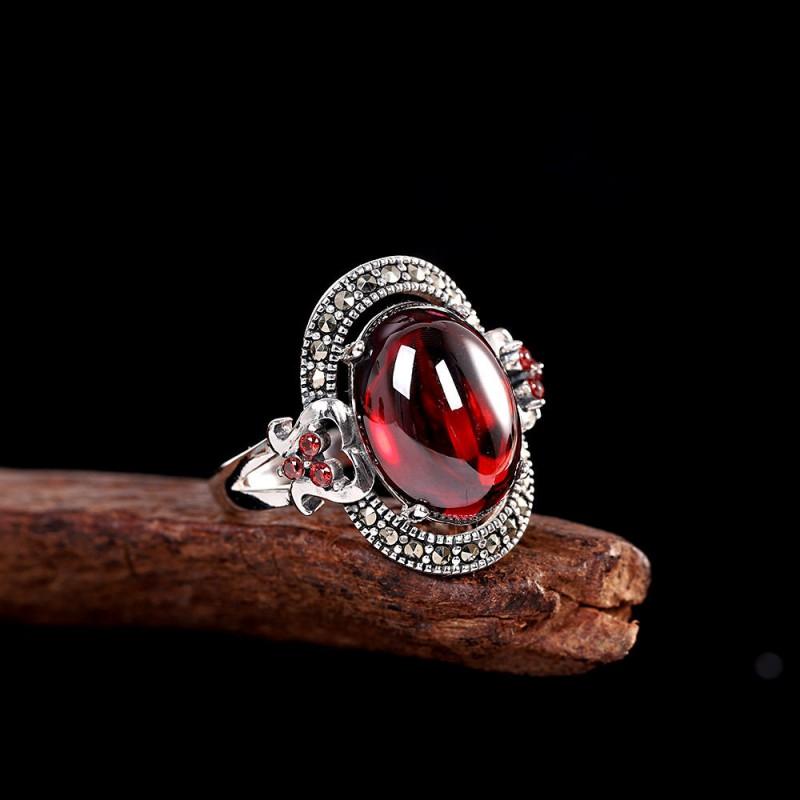 Adjustable Open Ring Women Men Vintage Red Oval Cabochon Boho Statement Finger Copper Jewelry