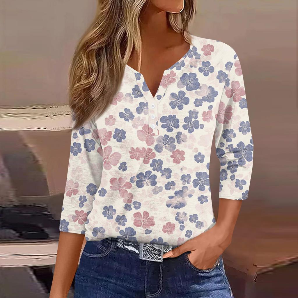 Damska koszulka z nadrukiem na guziki, rękaw 3/4, codzienna, weekendowa, modna, podstawowa, dekolt w serek, regularny top