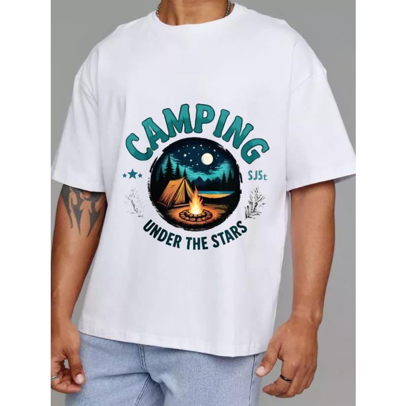 Camping T Shirt White Camping Under The Stars with Tent and Campfire Print Outdoor Adventure Nature Theme for Hiking and Traveling
