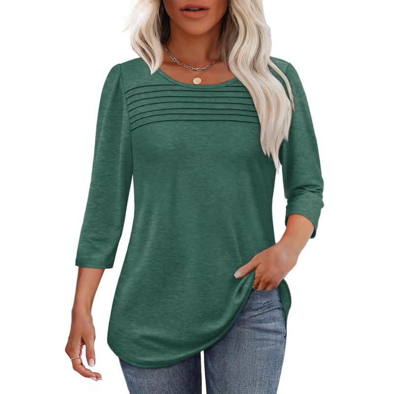 Autumn Round Neck Seven Quarter Sleeve Pleated Top Women's T-shirts