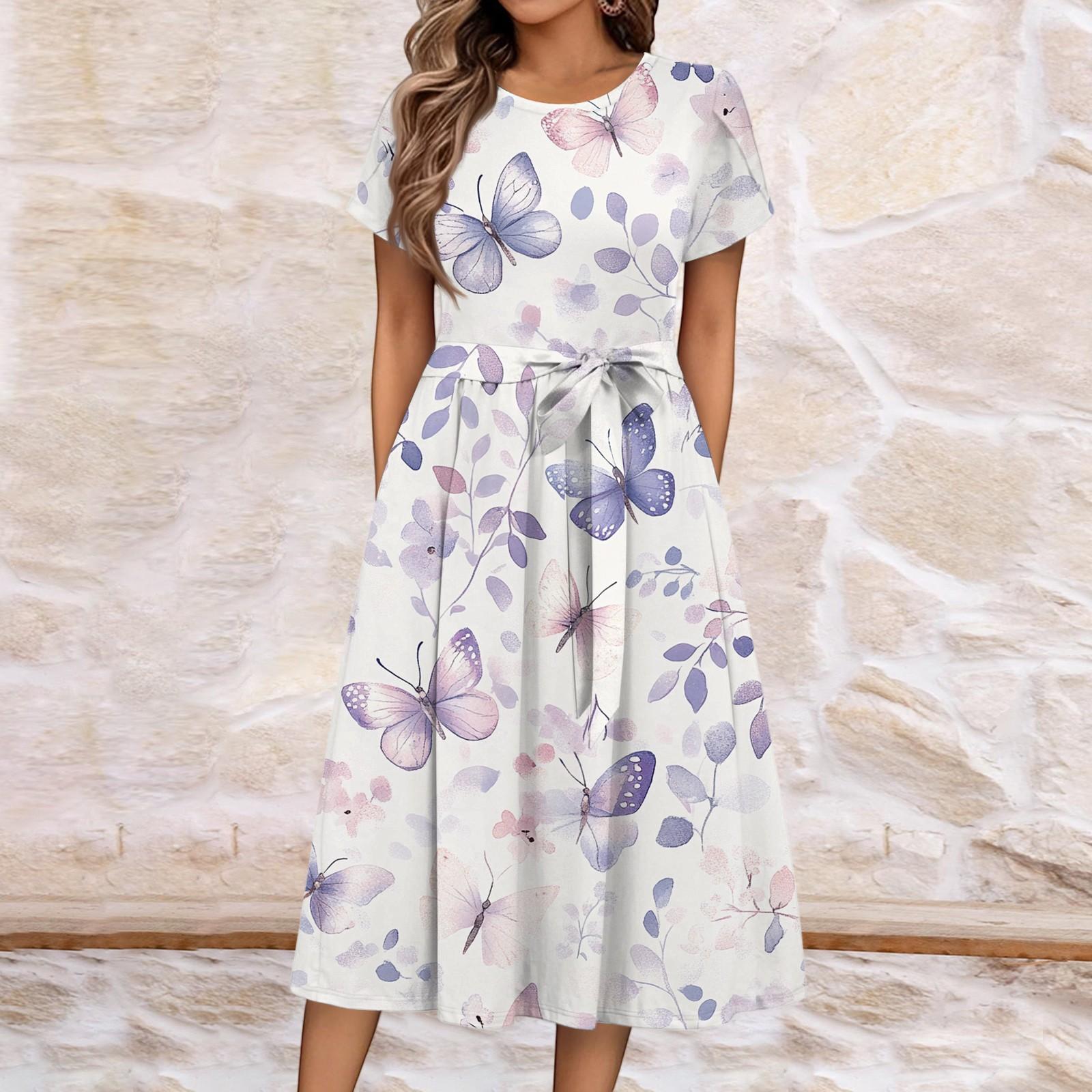 

Women s Summer Casual Floral Print Round Neck Midi Dress Basic Classic Outdoor Everyday Short Sleeve Loose Dress S фіолетовий