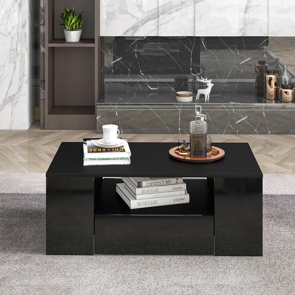Modern Coffee Table High Gloss With LED, Side Tables for Living Room, Sofa Table, 2 Drawers 2 Shelf Sofa (95 X 53 X 37cm) (Black)