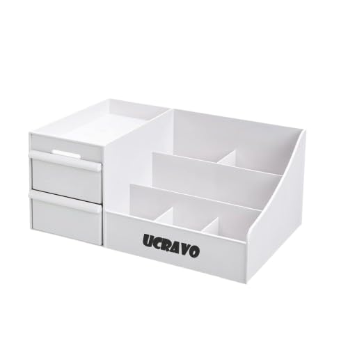 UCRAVO Cosmetic Organizer Box With Drawers, Vanity Brush With Holder for Lipstick, Cosmetics Storage for Skin Care, Brushes, Eyeshadow, Lotions, Li