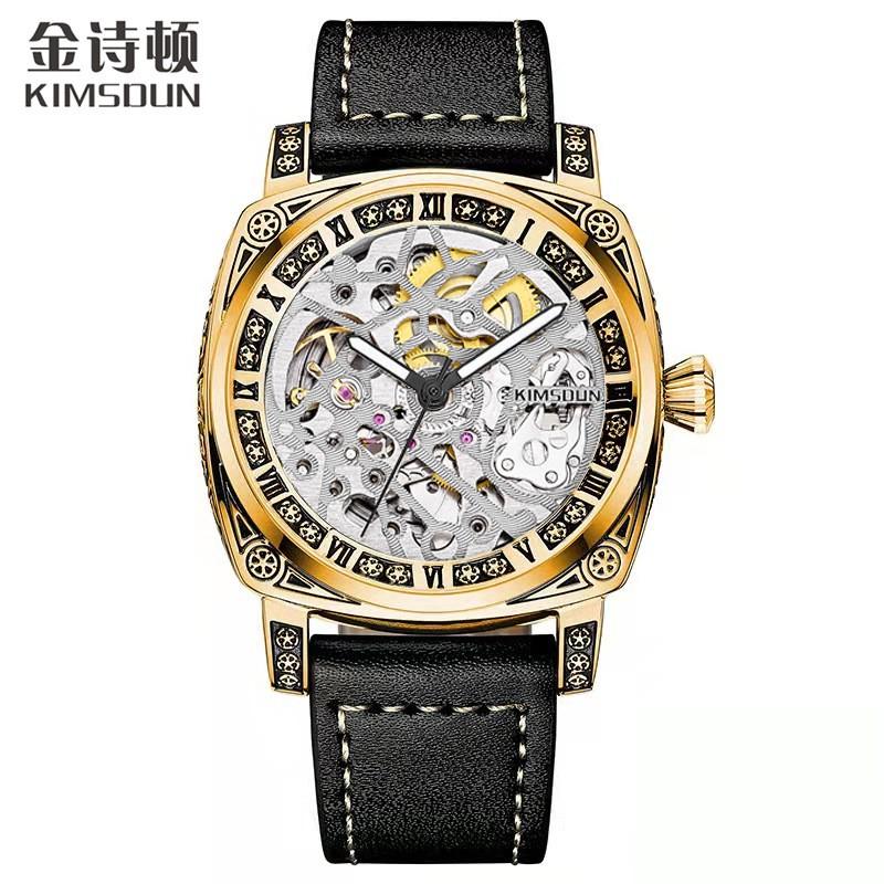 Automatic Mechanical Mens Watch With Dual-Side Hollow Carved Dial Stainless Steel Case Mineral Glass 42mm