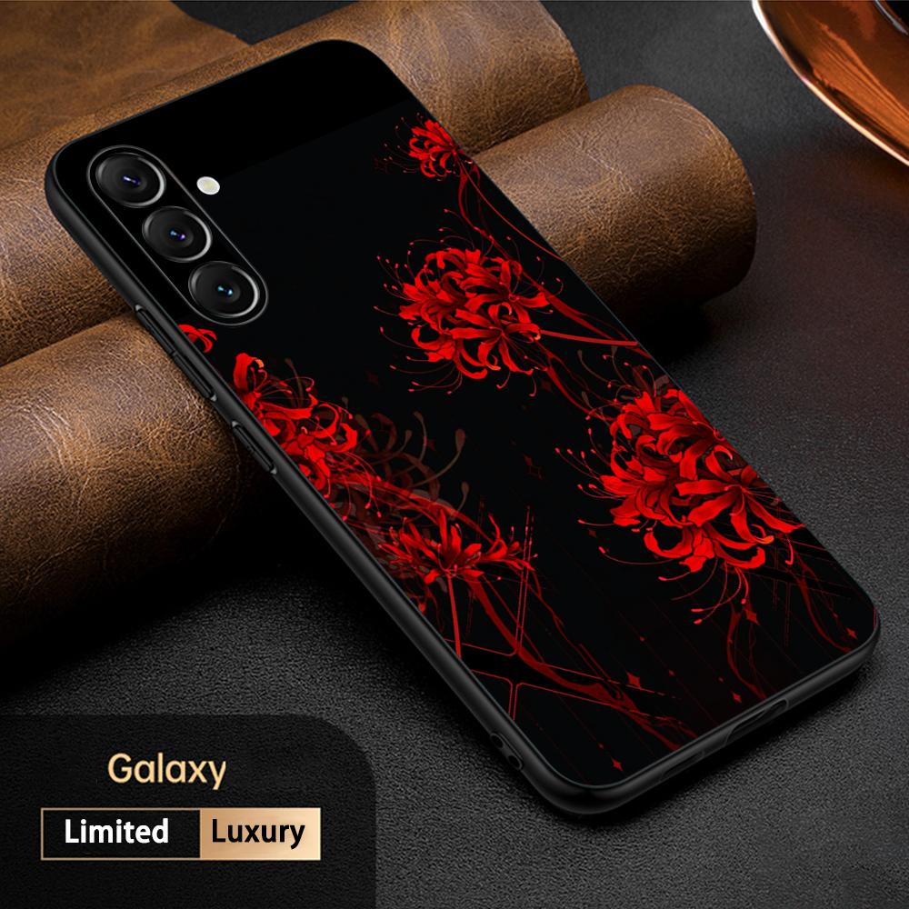 Handyhülle mit rotem Spinnenlilie-Motiv im japanischen Kunst- und Modedesign für Samsung Galaxy S26, S25, S24, S23, S22, S21 Plus, Ultra und Note20 (weich, schwarz)
