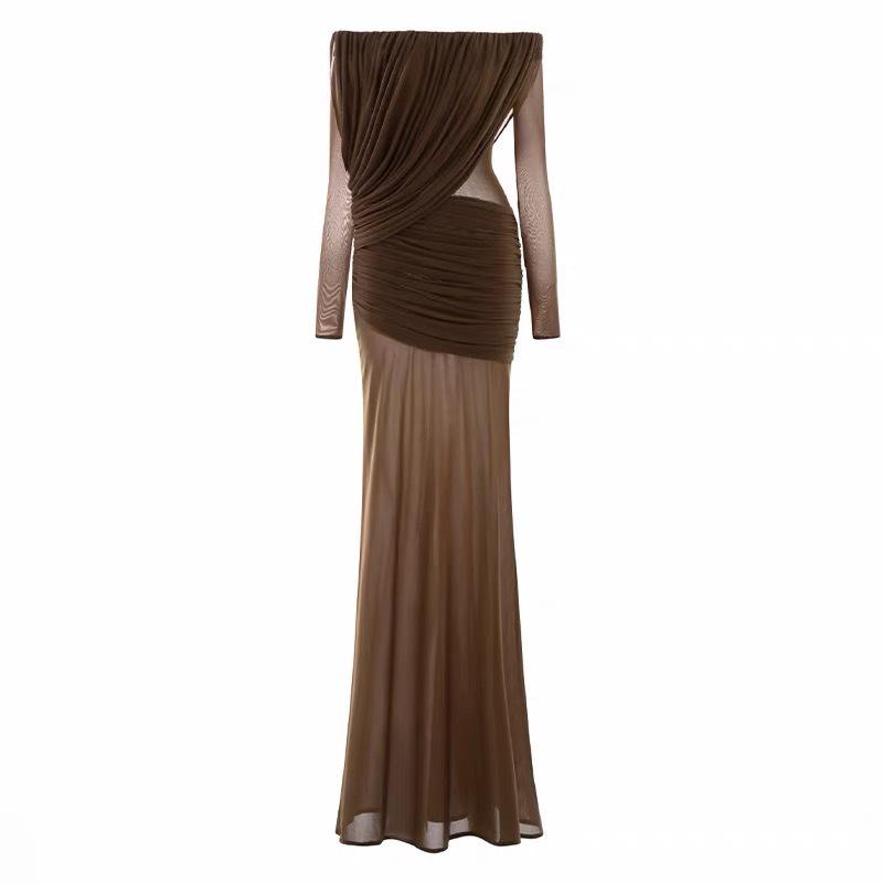 

Vietnamese One-Shoulder Asymmetrical Pleated Mesh Slim-Fit Dress Medium кофейный