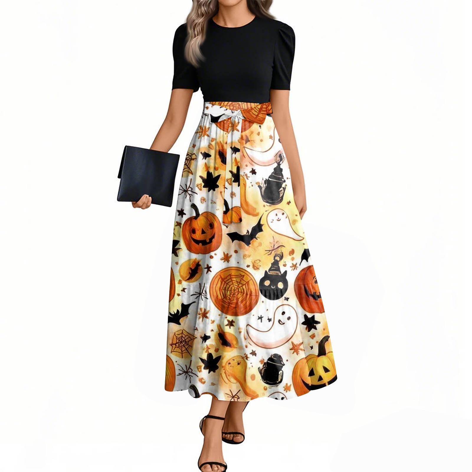 

Женское модное повседневное платье с поясом, с коротким рукавом, круглым вырезом и элегантным принтом на Хэллоуин XXL бежевый