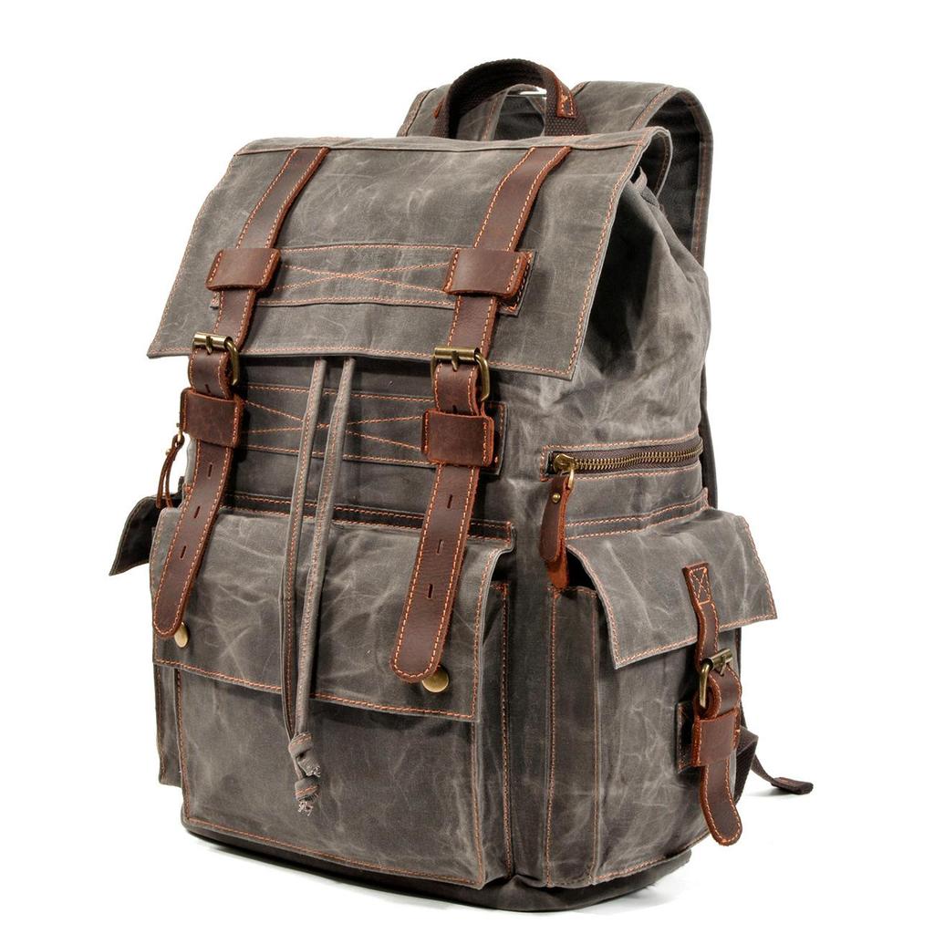 European Retro Double Shoulder Backpack - Waxed Canvas & Genuine Leather for Travel, Outdoor, and Casual Use