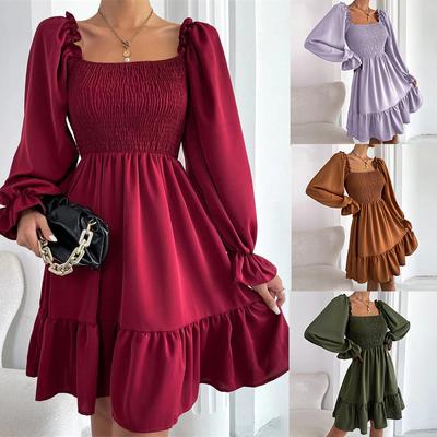 Clothes Vestidos Square Collar Mini Sexy Dresses Ruffled Hem Dress Simple Skirt Dresses Women's Fashion