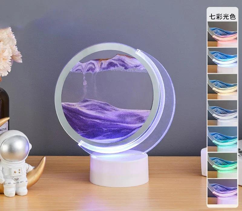 3D Sandscape Moving Sand Art Picture Table Lamp with 7 Colors Quicksand Liquid Hourglass Flowing Sand Painting Home Decor Gifts