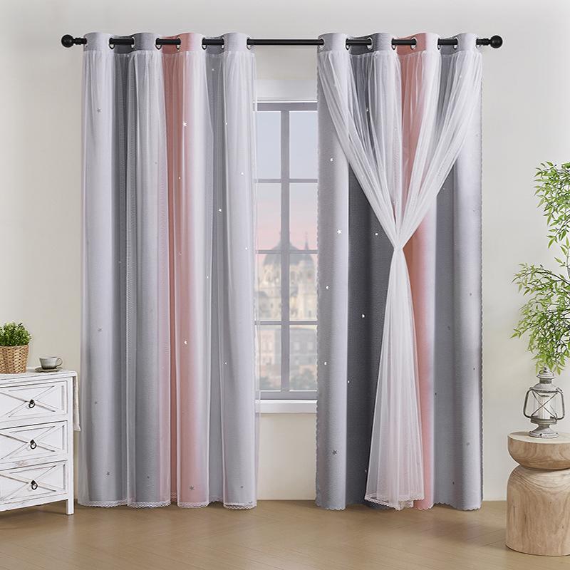 Double Layer Gradient Rainbow Blackout Curtains with Star Cutouts for Kids Room Bedroom Living Room Decor