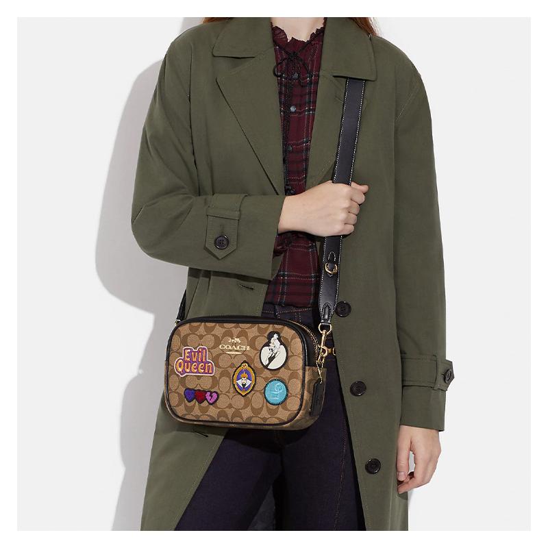 Coach Crossbody Bag Disney Disney Joint Model Jamie 25 Classic Presbyopic Zipper Cartoon Logo Decoration Coated Canvas and Leather Medium Women's Dark
