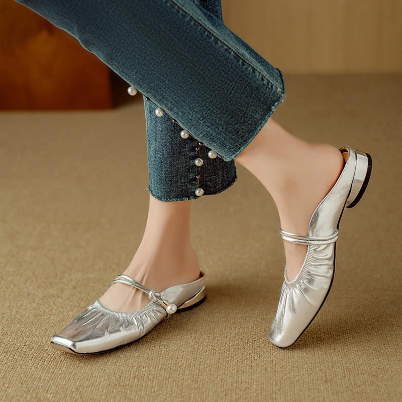 Fashion 2025 Women Slippers Square Toe Low Heel Women Shoes Roman Sliver Women Sandals Gladiator Handmade Ladies Modern Slippers