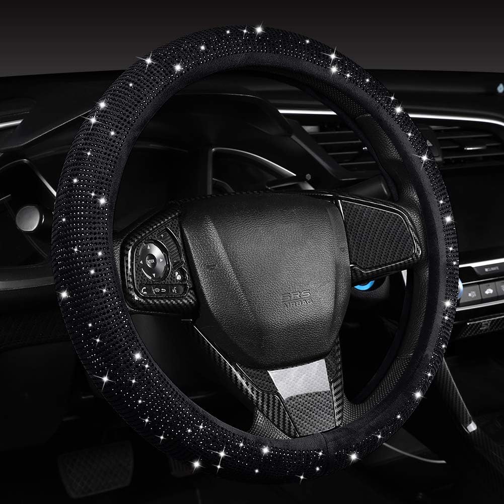 Women Fashion Black Velvet Bling Steering Wheel Cover with Black Diamonds, 15 Inch Standard Glitter Rhinestone Car Wheel Cover Sparkling, Full