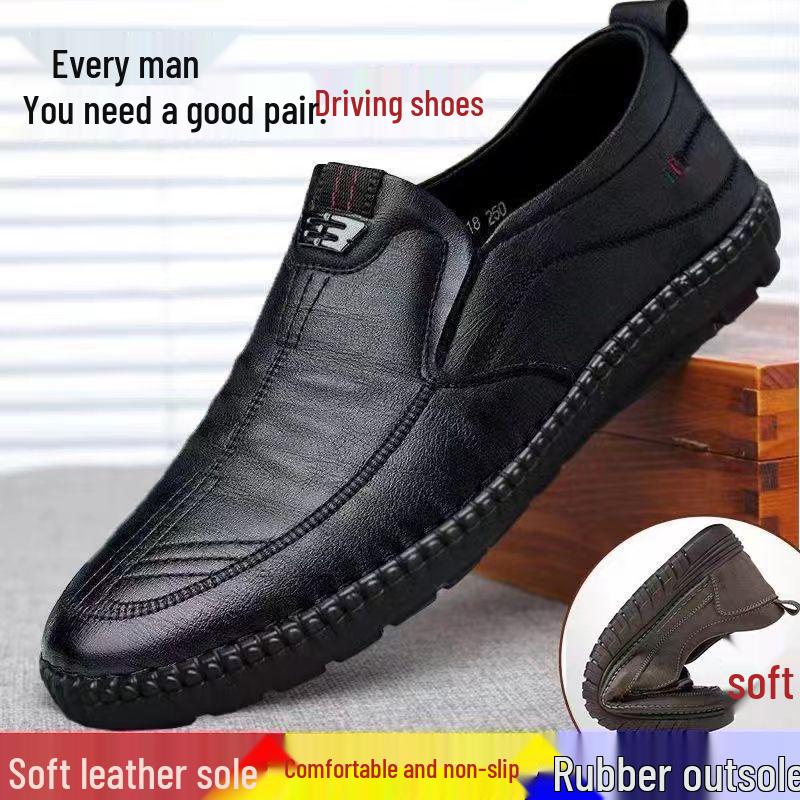 Summer 2025 Men's Breathable Leather Shoes: Soft Sole Casual Work Shoes for Middle-aged and Elderly.