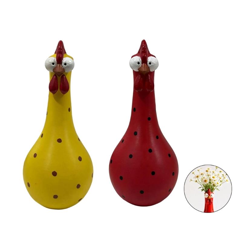 Colorful Dot Rooster Shape Flower Vases, 2 Piece Funny Resin Long Neck Chicken Sculpture For Living Room Office Decoration