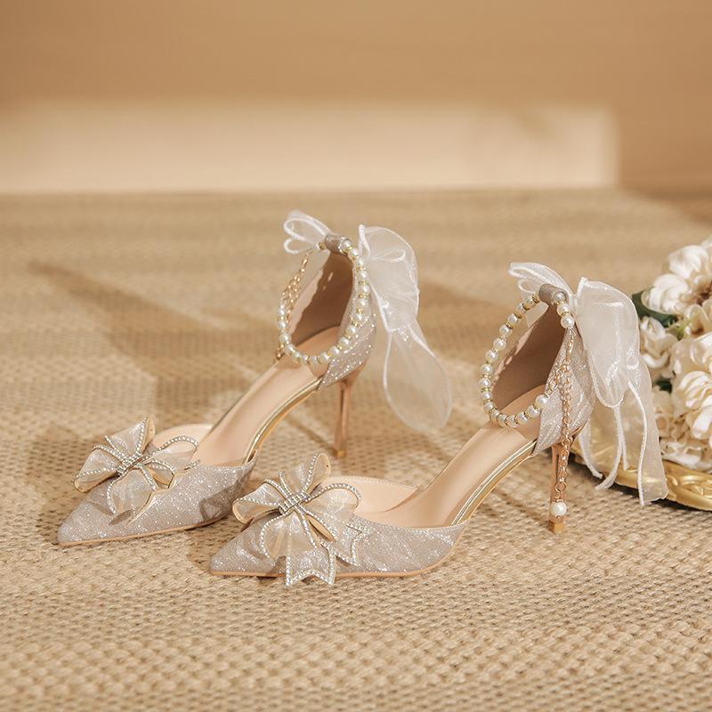 High heels new pointed sequins bow hollow shoes adult wedding shoes bridal shoes pointed single shoes