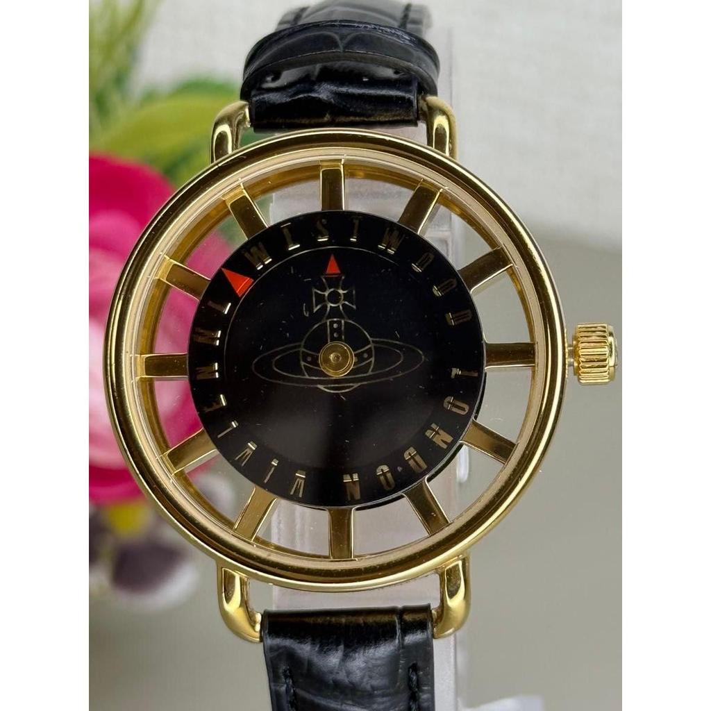 Used Rare Excellent Condition  Vivienne Westwood Watch Quartz Orb Dial Leather Band Black Gold