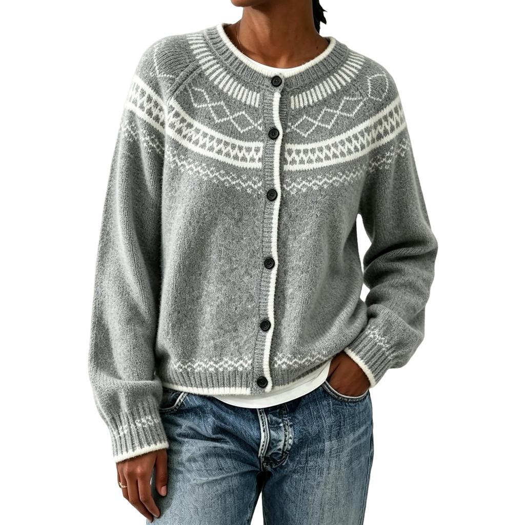 Women's Fashion Loose Fit Round Neck Button Front Knit Cardigan Sweater with Geometric Pattern for Fall and Winter