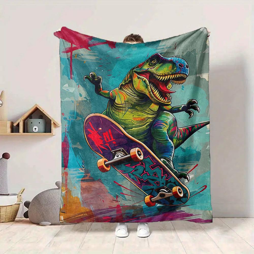 1pc DinoSkateboard Blanket, Lightweight Flannel Throw Blanket For Sofa, Bed, Travel, Camping, Living Room, Office, Couch, Chair, And Bed