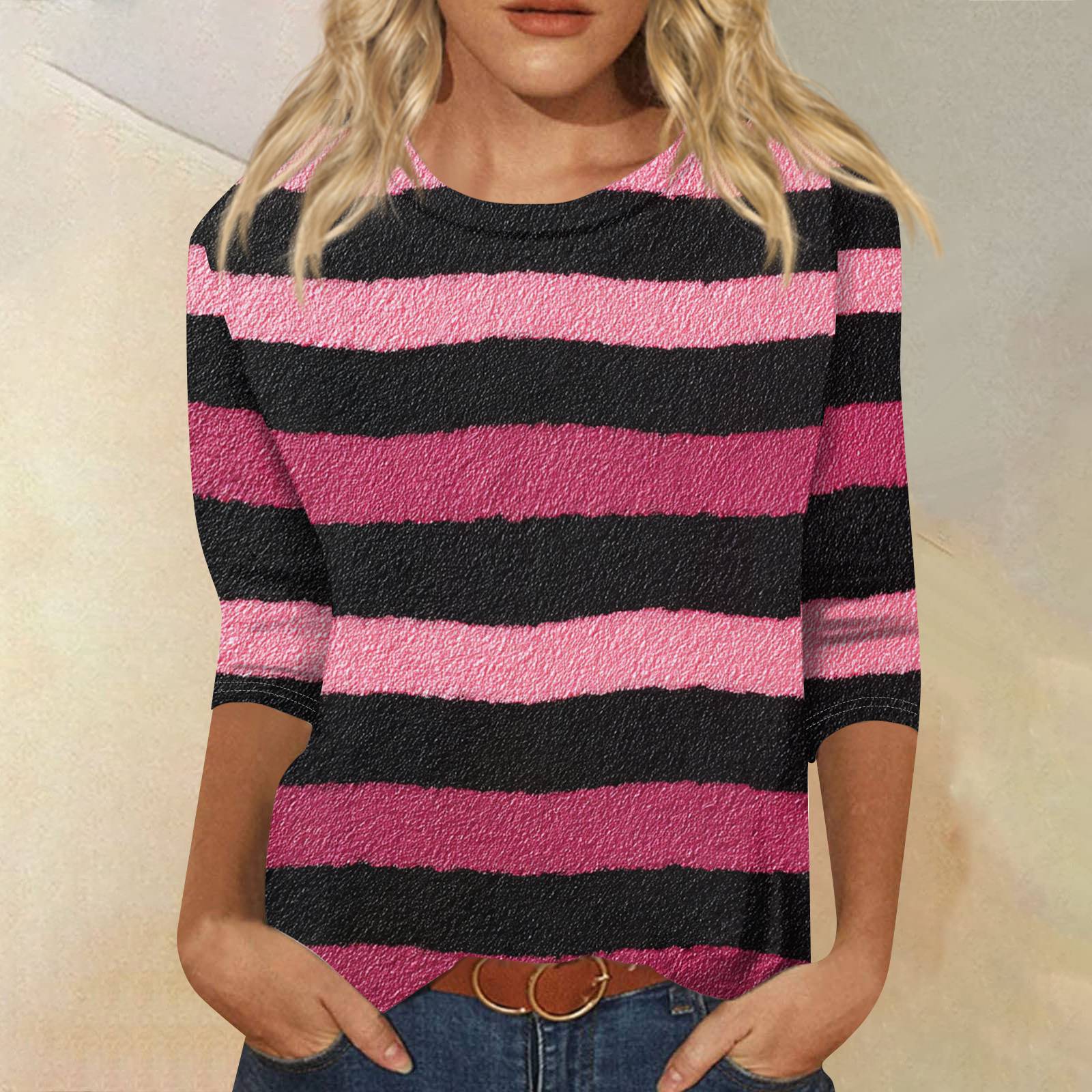 Women Casual Round Neck Three Quarter Sleeve Striped Print T Shirt Loose Fit Lightweight Comfortable Top XXXXL розовый