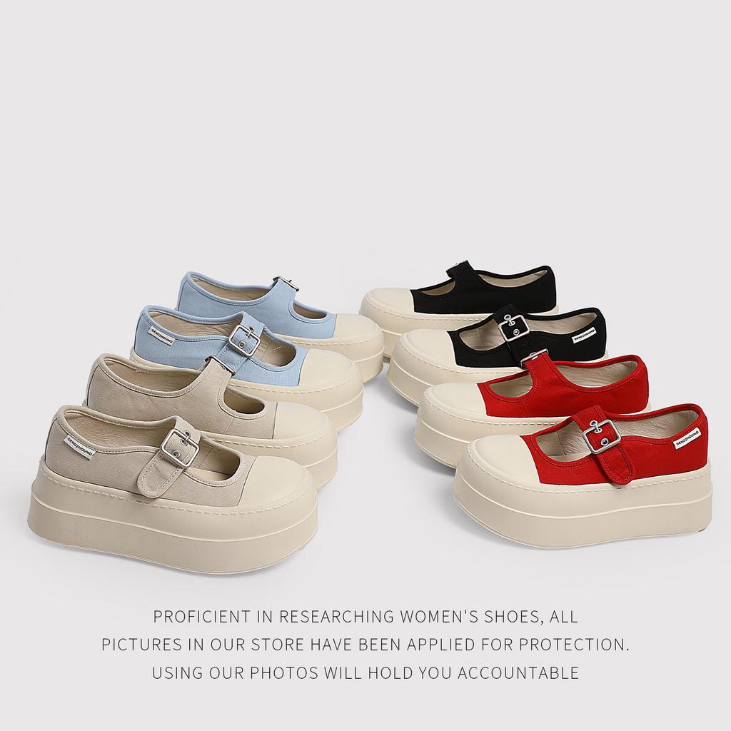 6Cm Thick-Soled Big-Headed Mary Jane Women'S Shoes Spring And Autumn Velcro Heightening Muffin Shoes Shallow Single Shoes