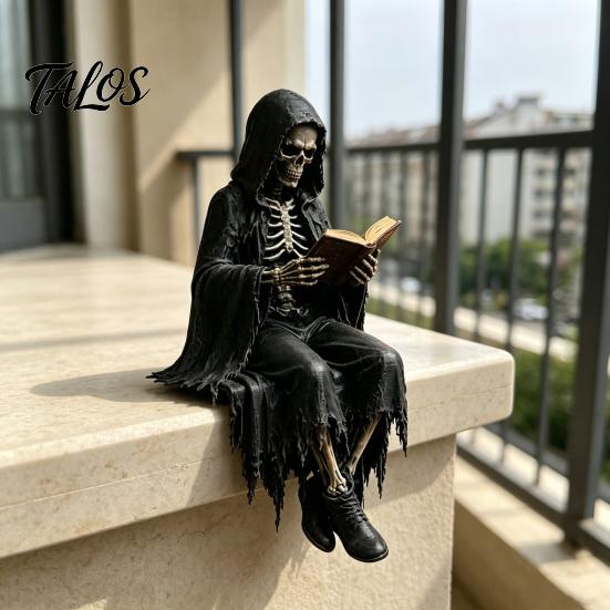 Gothic Dark Fantasy Figure, Reading Hooded Grim Reaper Statue, Halloween Resin Sitting Skeleton Figurine for Bookshelf Home Decor