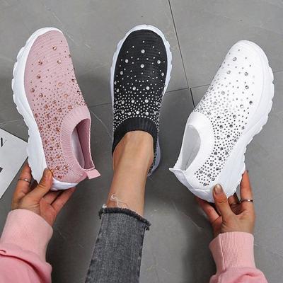 New Thick-soled Water Diamond Casual Running Shoes for Women In Large-sized Flying Woven Sports Shoes