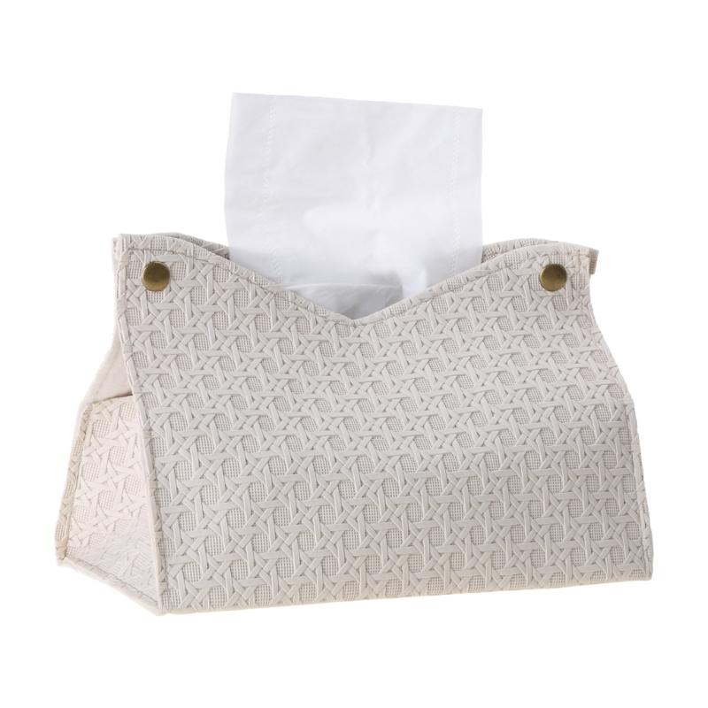 PU Leather Tissue Holder Rectangular Rattan-Tissue Box Cover Facial-Tissue-Case Paper Dispenser for Drop