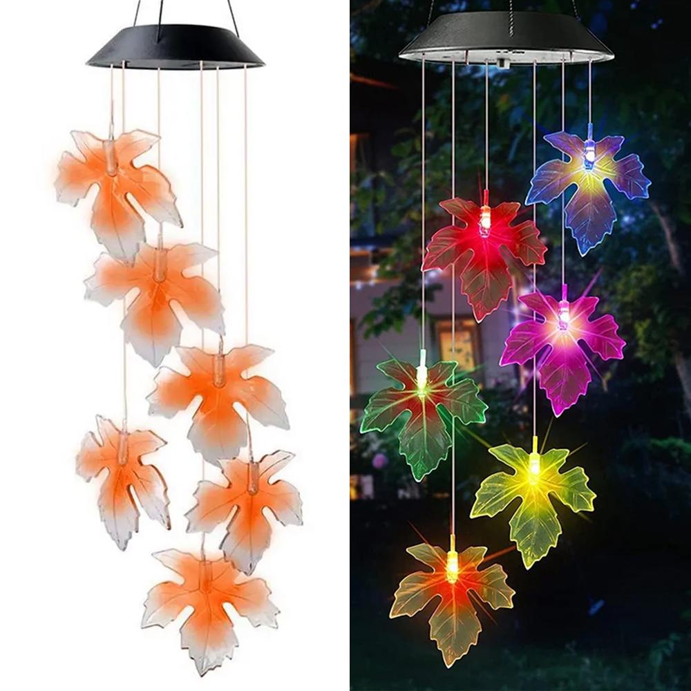 LED Solar Garden Decorative Light Outdoor Waterproof Maple Leaf Wind Chime LED Colorful Chandelier Villa Patio Decorative Lamp