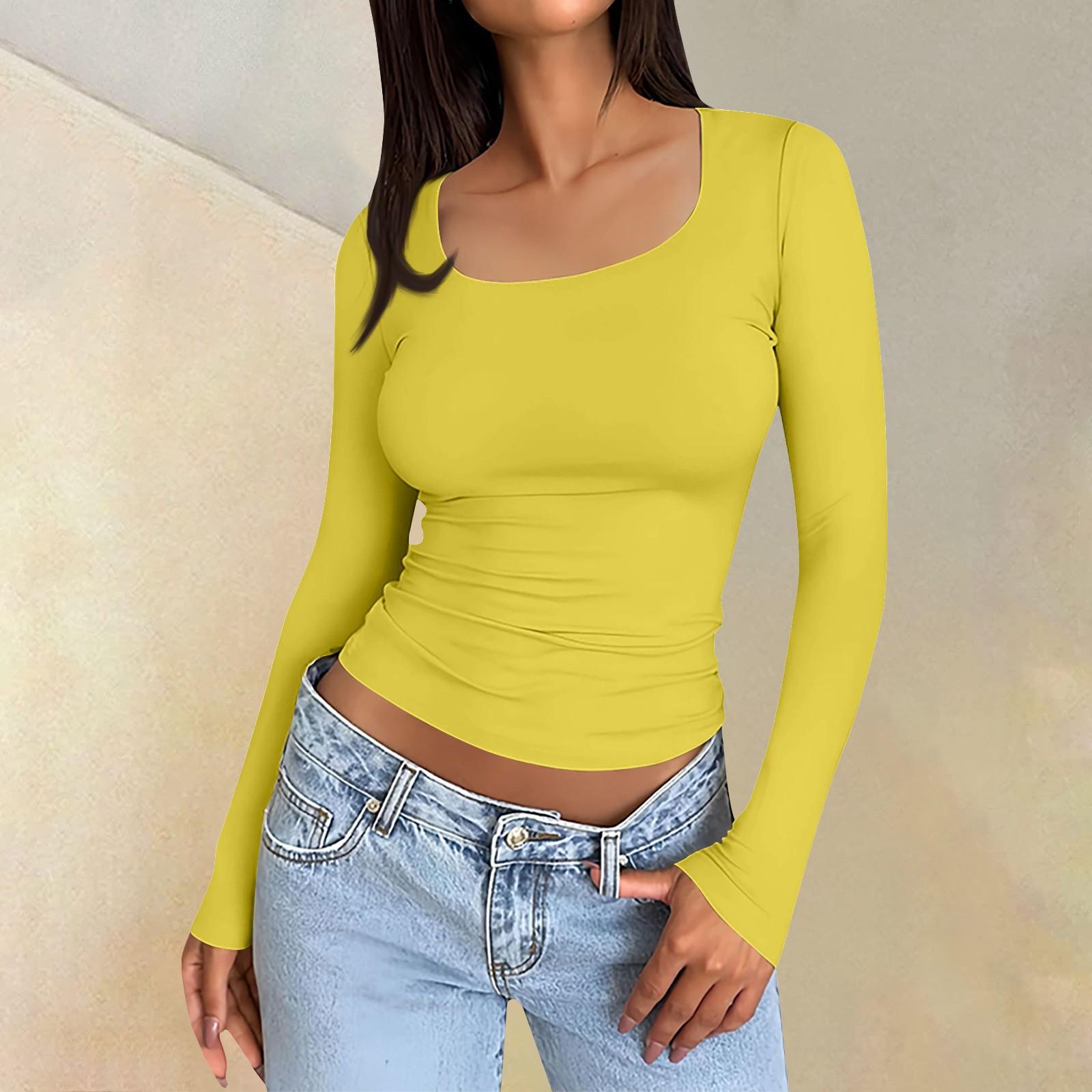 

Женская повседневная модная однотонная футболка с длинным рукавом и квадратным вырезом, топ, пуловер XS жёлтый