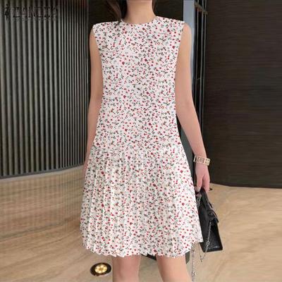 Women Fashion Round Neck Sleeveless Floral Print A-Line Dresses