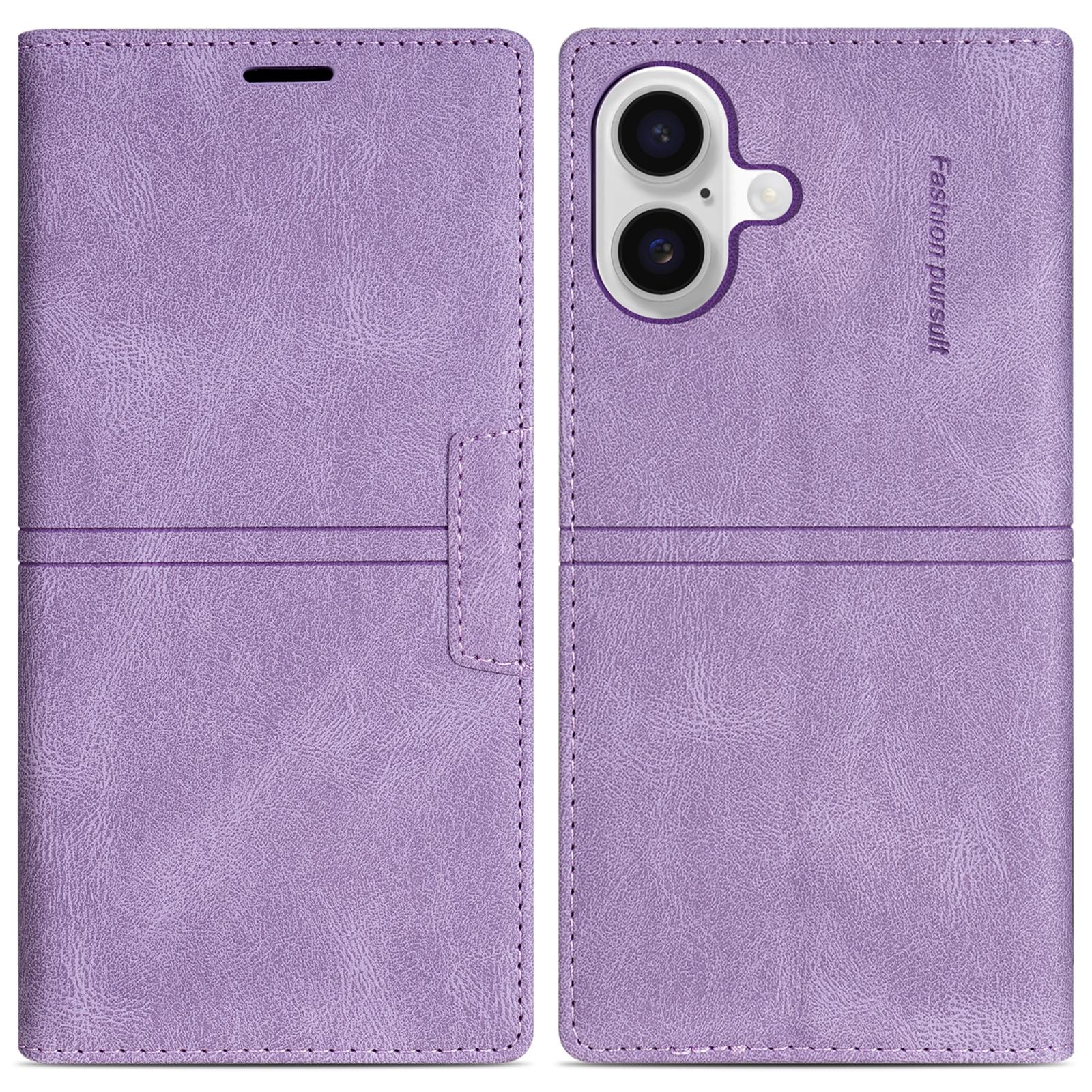 

For iPhone 16 Wallet Case Magnetic Closing Leather Phone Cover Purple