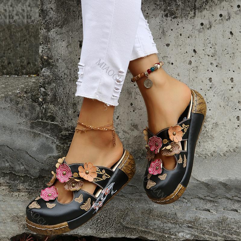 Fashion New Baotou Ethnic Half Slippers for Women Flat Bottom Flower Thick Sole Retro Women's Platform Sandals Mules Summer Footwear