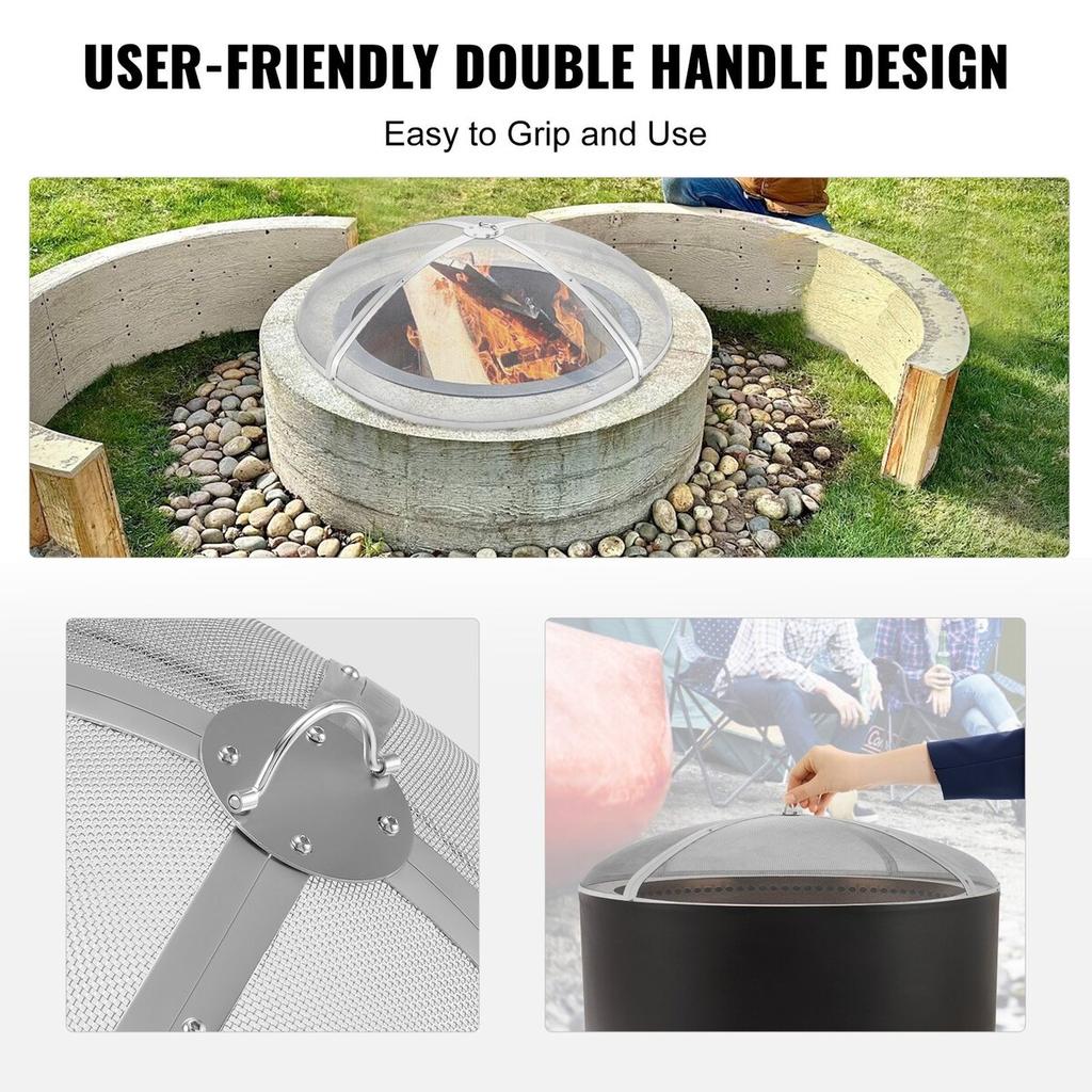 Fire Pit Spark Screen Round 40", Reinforced Heavy Duty Steel Metal Cover, Outdoor Firepit Lid, Easy-Opening Top Screen Covers Round with Ring Handle