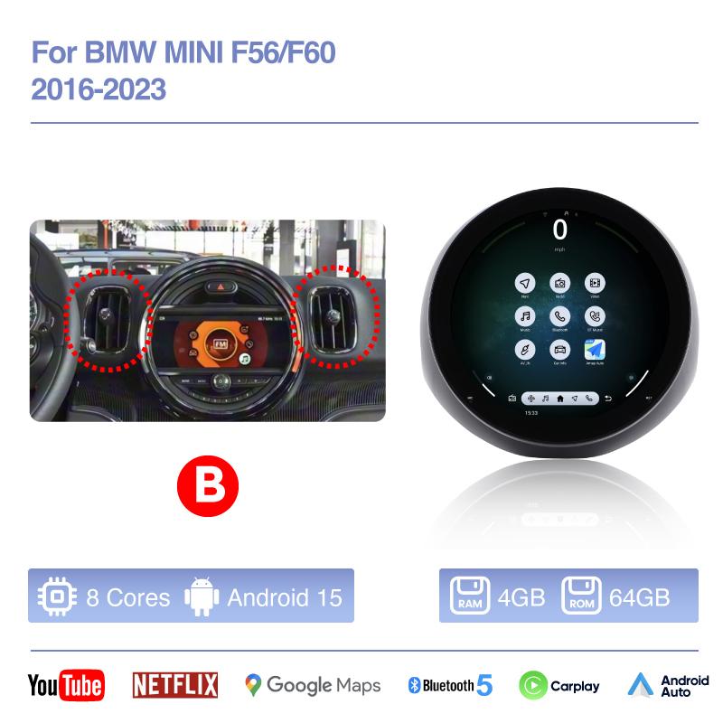 Android 15 For BMW Mini Cooper F56 F60 2016-2025 OLD TO NEW Auto Carplay Car GPS Navigation Stereo Multimedia Player 360 tools