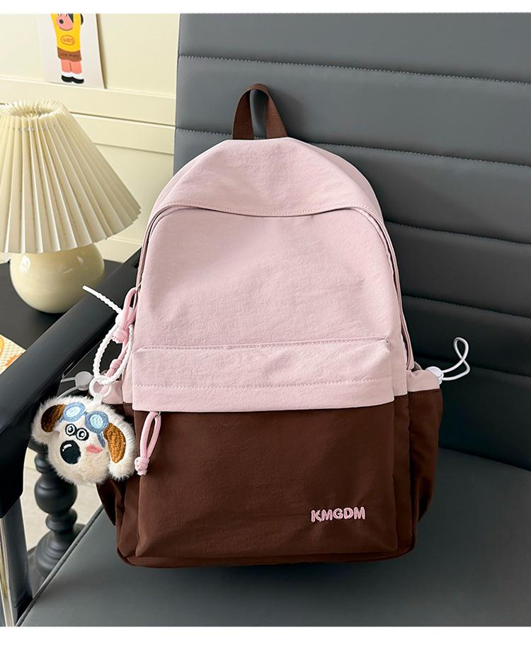Schoolbag: Pink brown gentle color-block girls' backpack, matte soft fabric, lightweight backpack for college students and campus study