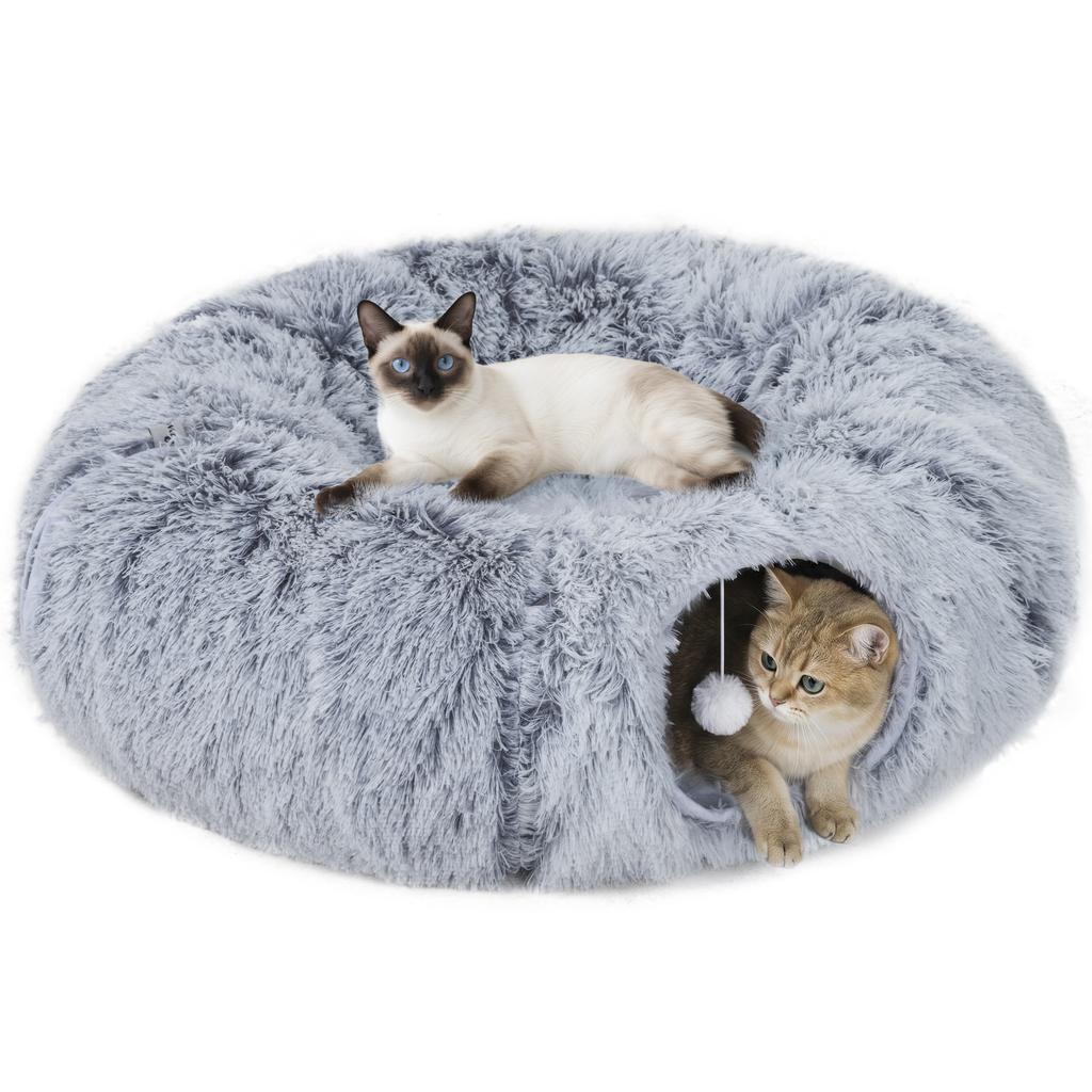 Cat tunnel, plush fabric, cushion, foldable, metal frame, cat cave, light grey