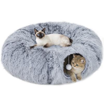2-in-1 Donut Katzen-Tunnel mit waschbarem Bett, Spiel-Tunnel-Bett mit Spielzeugball und Türloch für Wohnungskatzen, Hellgrau