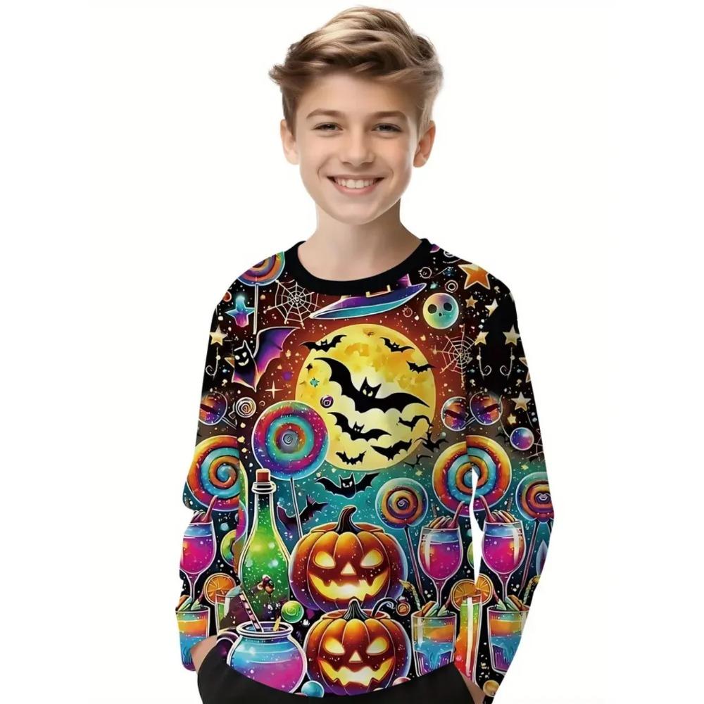 Halloween Children's 3D Digital Printed Boys' Fashionable and Comfortable Round Neck Long Sleeved T-shirt