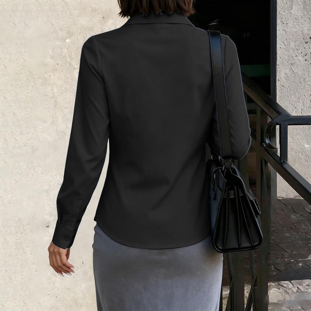 Women's Slim Fit Button Down Shirt Long Sleeve Collared Blouse Stretchy Office Workwear Top with Ruched Front Design