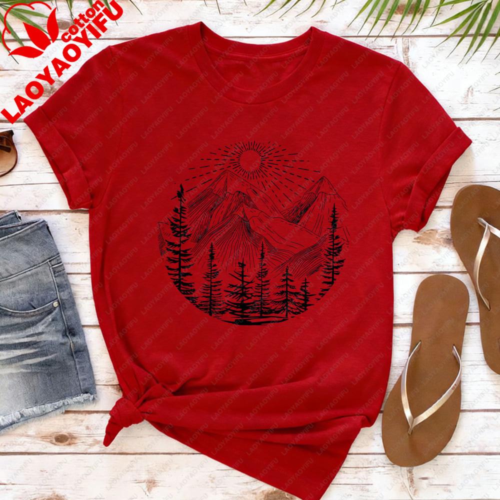 T-shirt da Donna Foresta Montagna Sole Cotone Manica Corta Top Casual Moda Top Estivo Outdoor T-shirt con Fantasia Classica
