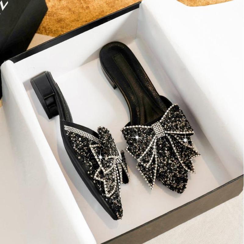 Fashion Summer New Shoes for Women Pointed Toe Slipper Glitter Bowknot Outdoor Casual Sandals Girl Heels Mules Shoes Zapatos De Mujer