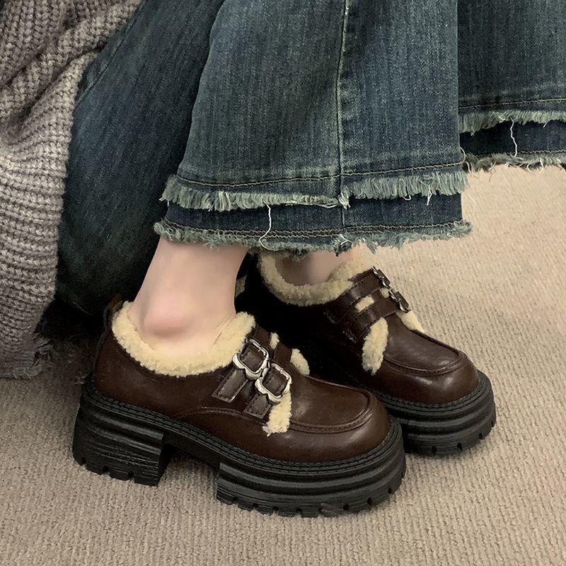 Damen Britischer Stil Fleecegefütterte Doppel-Schnallen Slipper - Dicksohlige, Vielseitige, Warme Lederschuhe