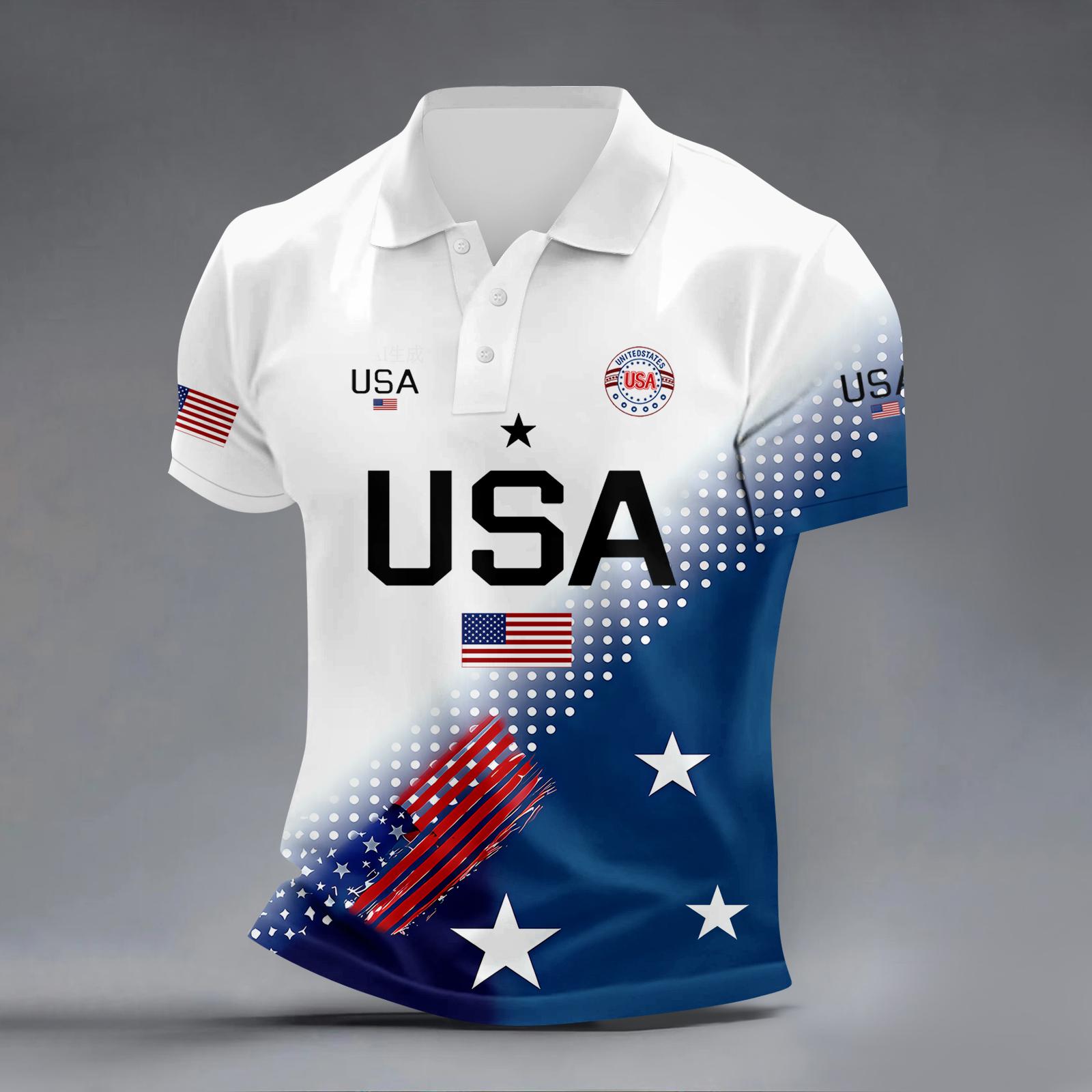 Men’s Short Sleeve Polo Shirt with USA Letter Print Flag Graphic and Striped Design Casual Fit XXXL